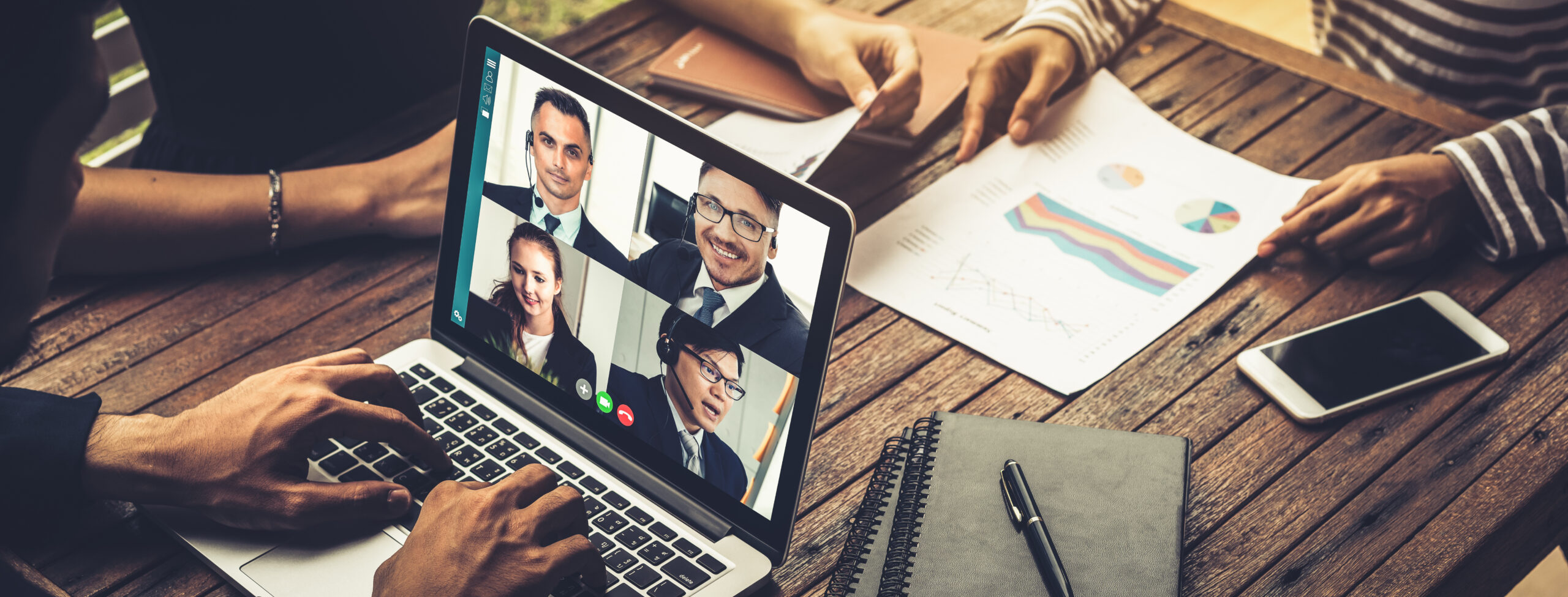 Video call group business people meeting on virtual workplace or remote office. Telework conference call using smart video technology to communicate colleague in professional corporate business.